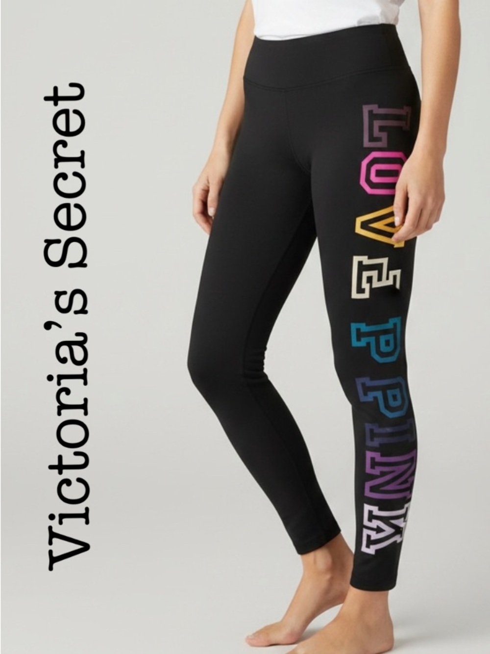 New Victoria's Secret Black Logo Side-Stripe Leggings Size Large